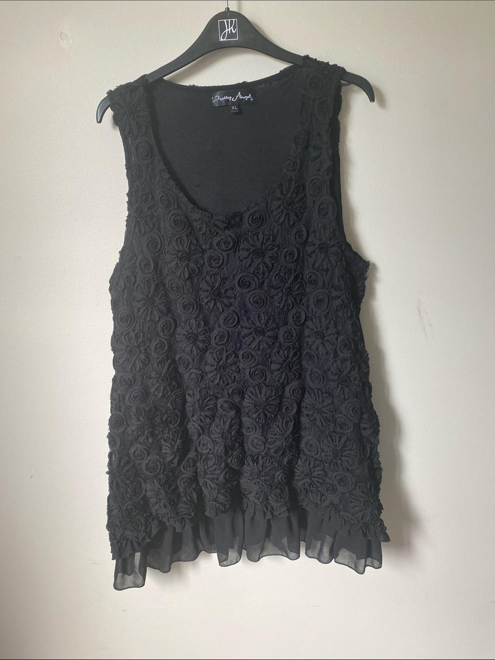 Pretty Angel Black Floral Rosette Tank with Chiffon Hem